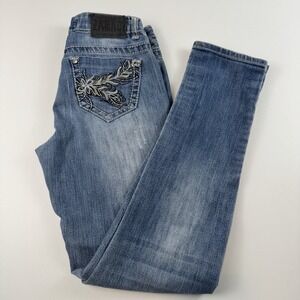 Zanadi Womens Skinny Jeans Medium Wash Distressed Embroidered Feather JJA80154 5